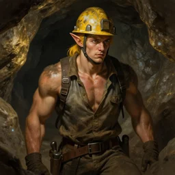 picture of male miner young elf inside a gold mine, burly, work clothes, safety helmet, light skin, dark yellowhair, ponytail, sweat, dirty clothes, high fantasy, highly detailed, detailed faces, smooth, sharp focus, chiaroscuro, dnd, digital painting, concept art, rossdraws and moebius and jon mcnaughton