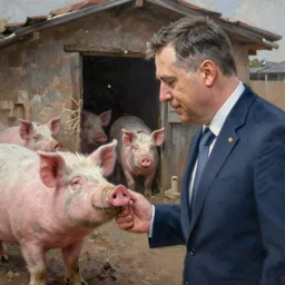 viktor orban with highly detailed face greeting the pigs in front of the pig house, oil painting