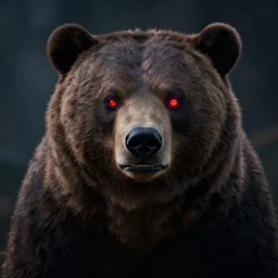 a bear with red glowing eyes. angry. in a dark sourrounding. unreal engine 5. hd