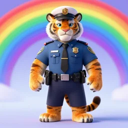 Male anthropomorphic Furry Tiger as Police ,fullbody, Rainbow Background, 8k Photo Realistic