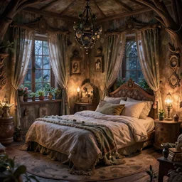 a cozy fey bedroom at night, secret of mana, intricate, highly detailed, delicate, confortable room, by brian froud, thomas kinkade, artemisia gentileschi