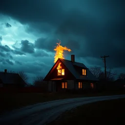 house on fire, almost night, dim light, soft light, dramatic clouds, bad weather, ultra hd, ultra sharp, hyper detailed, 8 k, shot on 3 5 mm film camera, smooth sharp focus, realism, tumblr aesthetic, we heart it aesthetic, archdaily, wallpaper,
