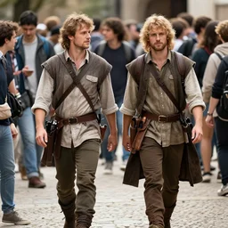 two fantasy adventurers walking through a crowd of people