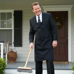 clean - shaven jon favreau as happy hogan wearing a black suit and necktie and apron is sweeping the front porch of a house.