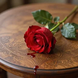 a single red rose is on a wooden table with subtle intricate carved filigree and drops of blood, close up view, dramatic lighting, DOF, soft, sharp focus, art nouveau, intricate artwork by Raymond Swanland and Ruan Jia and Greg Rutkowski