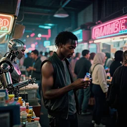 cyberpunk black indian market, indoor, full of neon lights, crowded with cyborgs buying hi - tech drugs, photorealistic, 3 5 mm, grainy ruined film, dark color scheme, in the style of blade runner