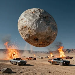 an asteroid headed for burning man black rock desert with art cars and fire spinners detailed, 8 k, trending on artstation