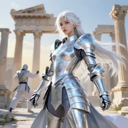 white hair knights of zodiac girl, sliver ice color reflected armor, taekwondo vs fighting in ruined agora of athens sunrise, ssci - fi and fantasy, intricate and very very beautiful and elegant, highly detailed, digital painting, artstation, concept art, smooth and sharp focus, illustration, art by tian zi and wlop and alphonse mucha