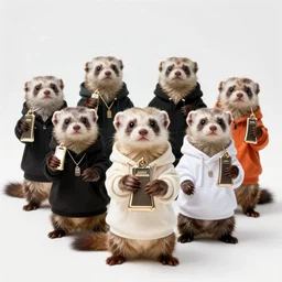 a group of ferrets in hypebeast clothing holding a glock towards the camera