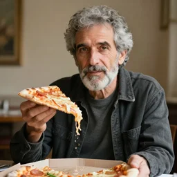 old portrait of a young Italian man holding a slice of pizza