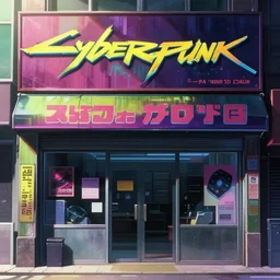 a very close close close up front view of a ( ( ( cyberpunk ) ) ) quiet shopfront facade with ( ( advertisements ) ), in a high definition cinematic screenshot from the anime anime film, digital painting by ( makoto shinkai ), moebius moebius, surrealism, trending on artstation