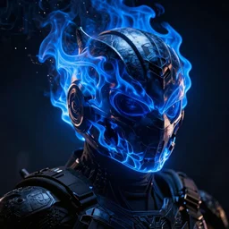 Ghost Rider, blue flames, headshot photo, dark souls concept art, dramatic lighting, highly stylized, high-quality wallpaper, desktopography