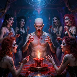 hyper realistic matte painting portrait of bald british man surrounded by tweakers!! addicts!! groupies! performing ritual blood!! magic! interior of goth club electric lighting greg rutkowski artstation hdr vaporwave ( ( ( ( alphonse mucha ) ) ) )