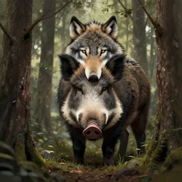behind a clump of trees, is a huge boar with the head of a wolf, concept art,