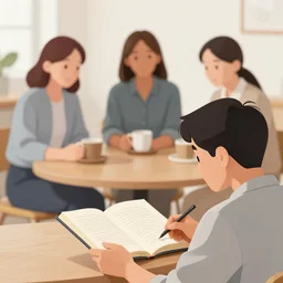 a man with a book head having coffee with 3 teachers, art by greg manchess, guangjian, detailed digital art, artstation hd