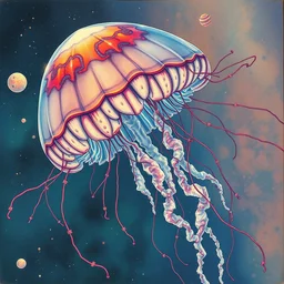 space jellyfish. highly detailed, digital painting, watercolor, soviet realism, engraving, artstation, concept art, smooth, sharp focus, vivid grunge, manga, illustration, unreal engine 5, 8 k, art by bilibin and kilian eng and kuvshinov and malevich and mucha