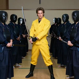 uma thurman in a yellow motorcycle suit holding a samurai sword surrounded by japanese swordsmen wearing small black masquerade masks