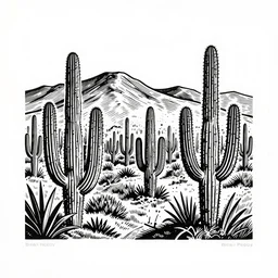 art by brian reedy, a beautiful black ink linocut print of the cactus forest, high hills, 8 k, frostbite 3 engine, cryengine, ground level shot, dof, trending on artstation, digital art, crepuscular ray