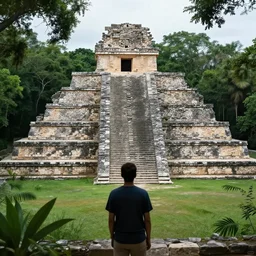 explorer observing the ruins of an ancient Mayan city covered by jungle in a humid environment with medium light, humid atmosphere, minimalist art, reslist