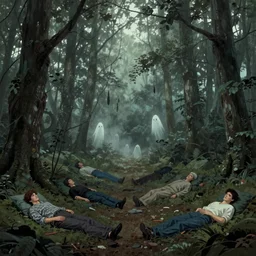 wilderness forest, cassette futurism, existential horror, people sleeping, ghosts, atmospheric haze, film. illustration by edward hopper, norman rockwell. film still, 1 6 mm cinematography