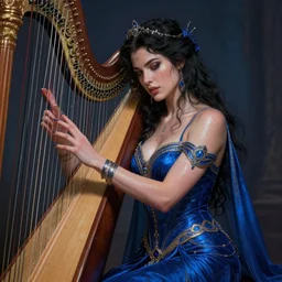 harpist madison calley as a sorceress, passionate, seductive, sweaty, intricate dressed in ornate blue robes and staff, lovely, intricate, highly detailed, digital painting, artstation, concept art, karma sutra, smooth, sharp focus, illustration, unreal engine 5, 8 k, art by artgerm and greg rutkowski and alphonse mucha