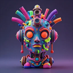 a claymodel of a steampunk rococo spaced out futuristic robot head wearing multicolored tubes, 8 k, front view, symetrical, flourescent colors, halluzinogenic, multicolored, exaggerated detailed, front shot, 3 d render, octane