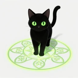 black cat with glowing green eyes activating a human transmutation circle, digital illustration, artstation, artstation hq, hd