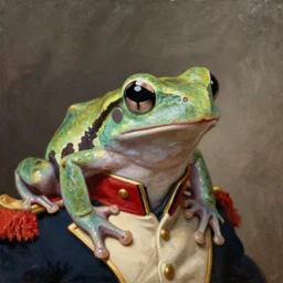 a head - and - shoulders portrait of an amazon milk frog wearing a continental army uniform, an american romanticism painting, oil on canvas, cgsociety, soft focus