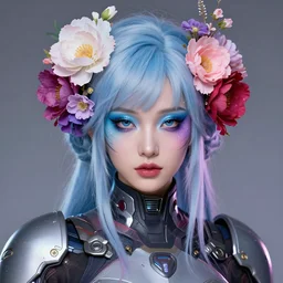 portrait of a futuristic warrior with flowers in her hair wearing makeup, blue, light pink, purple and red color scheme. highly detailed, artgerm, cushart krenz, artstation, soft light, sharp focus, illustration, character design, concept art