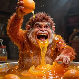 an oompa loompa as he is being liquified into orange goo, excruciating pain, melting face and limb, gooey