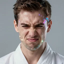 [ closeup of a man ]! with a disdain, exacerbated facial expression, wearing a [ white robe ]!, trending on [ artstation ]!, digital art, cgsociety contest winner, [ symmetrical ]!, golden ratio!, award winning, bioluminescent colors, volumetric lighting