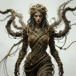 beautiful woman, cthulhu, woven, wires, vines, ropes, intertwined, wrapped around, intricate digital art, extremely detailed, 8 k