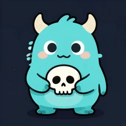small monster holding skull, happy face, cute image, artstation