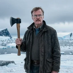 Walter White holding an axe in the middle of Antarctica, cold terrain, master shot, moody light, highly realistic, 8k