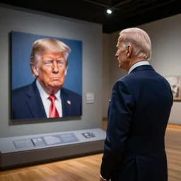 biden watching a trump exhibition in a museum, studio lighting, photography, highly detailed, 4 k