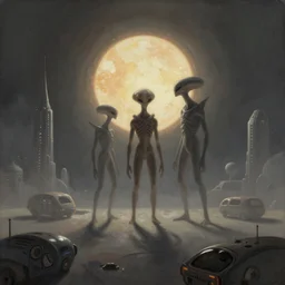 A muted color painting of humanoid Aliens of the Sun on a space planet environment with futuristic city and vehicles, inspired by greg rutkowski and Keith Mallett, digital art, extremely moody lighting, glowing light and shadow, atmospheric, shadowy, cinematic