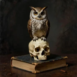 owl sitting on a skull sitting on top of a book old style dark gothic painting