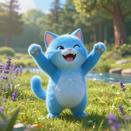 a beaming proud successful glowing blue spirit cat in the grassy field with a forest in the background, river, lavender growing nearby, cinematic lighing, high detail concept art, epic, award winning, 8 k
