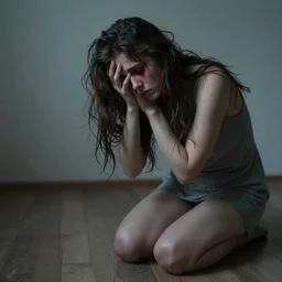 grieving mother messy hair red eyes on two knees surrealism