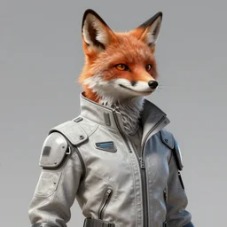 hyperdetailed anthropomorphic fox wearing a pale gray sci fi flight jacket, unreal engine, digital painting, sharp focus illustration, artstation hq. intricate, elegant, low angle medium shot, art by artgerm and wlop and magali villeneuve