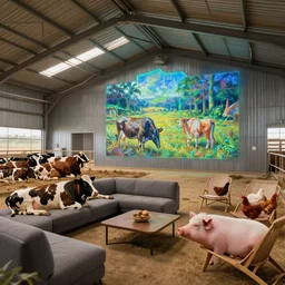 interior view of modern futuristic farm barn architecture and interior design, cows laying down on sofas, pigs and chickens sitting in lounge chairs, wall art, detailed luminescent oil painting 4 k