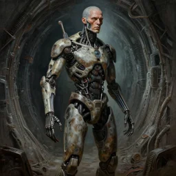 ultra realist intricate detailed horror painting of a single rugged cyborg male in alien tunnel, cyborg tech on body and legs, accurate features, cyberpunk, industrial, apocalyptic, very intricate details, focus, high resolution, 8 k resolution, dramatic lighting, artstyle zdzisław beksinski, award winning