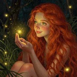a young woman, admiring the lights of golden fireflies, sitting in the midst of nature fully covered, long loose red hair, intricate linework, green eyes, small nose with freckles, oval shape face, soft happy smile, realistic, expressive emotions, mystical scene, hyper realistic ultrafine detailed illustration by james jean, albert bierstadt and artgerm