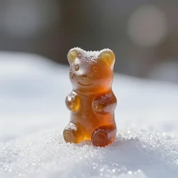 5 5 mm macro photo of a magical gummi bear standing, holding out its hands for a hug, on the gentle hill of white sugar. dof. bokeh. by raffaello ossola. sharp focus, highly detailed 8 k. intricate. lifelike. soft light. cinematic lighting.