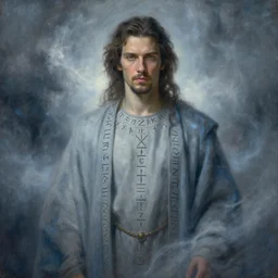 portrait of ed westwick in gray - blue robes, runes, jewelry, mystical, ethereal, magical storm fog, painting by greg rutkowski and alphonse mucha