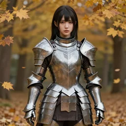 a masterpiece hyperrealistic ultradetailed fullbody photograph of a lifelike real human anime girl wearing steel plate armor, surrounded by fall leaves, made by wlop, actual person, k - pop, rough skin pores texture, angelic beauty, photoreal image, rendered, unreal engine 5, extremely detailed, trending on artstation, sharp focus, 4 k