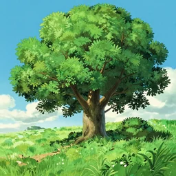 a landscape of a single tree with bushes nearby, studio ghibli, castle in the sky, animated, anime, illustrated, vibrant, by artgerm, by miyazaki, on artstation