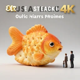 gigantic goldfish cracker next to a man that is three times smaller than the cracker, 8 k, 4 k, professional photography, award winning photograph