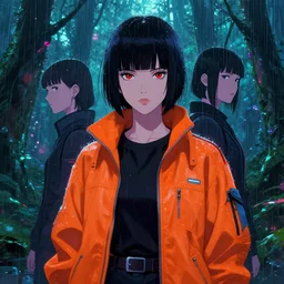 kda akaly portrait with orange jacket by hajime sorayama and jessica oyhenart, cyberpunk, neon rain forest, concept art, octane render, artstation, high quality h 6 4 0