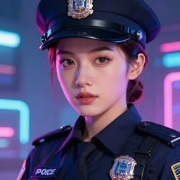 Female in police uniform, illustrated by Greg Rutkowski and Gaston Bussiere, 35mm lens, beautiful macro close-up imagery, vibrantly lush neon lighting, beautiful volumetric-lighting-style atmosphere, a futuristic atmosphere, intricate, detailed, photorealistic imagery, trending on artstation, 4k, 8k